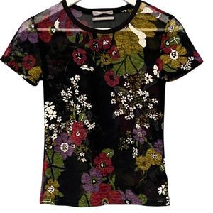 Urban Outfitters Black Semi Sheer Mesh Floral Short Sleeve Fitted Top